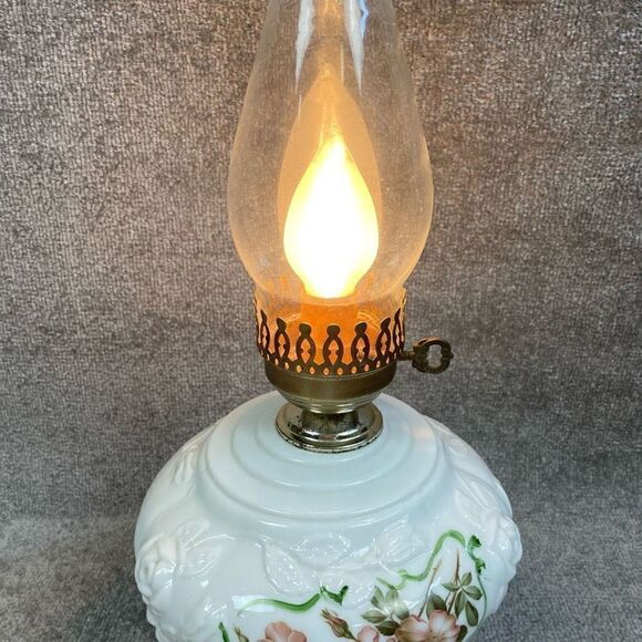 Antique Milk Glass Cherry Blossoms Floral Glass Oil Hurricane Lamp Hedco NY - Picture 9 of 10